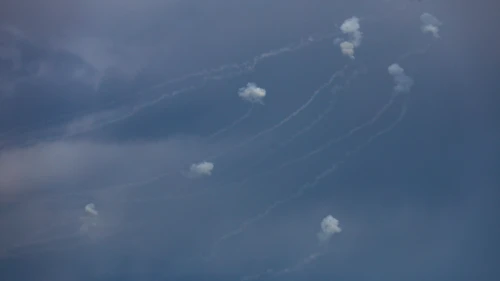 Iron dome anti-missile system fires interception missiles as rockets fired from Lebanon, as it seen from Meron, northern Israel, Feb. 27, 2024. Photo by David Cohen/Flash90.
