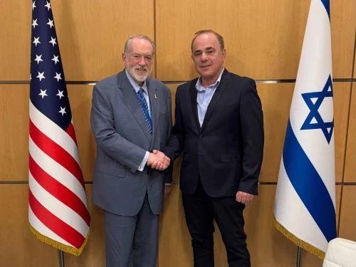 U.S. Ambassador to Israel Mike Huckabee meets Rafael Advanced Defense Systems Chairman and former Israeli Cabinet Minister Yuval Steinitz, July 2, 2025. Credit: U.S. Embassy in Israel.