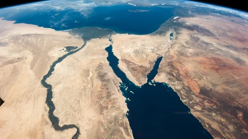 A satellite image of the Middle East that was captioned by NASA astronaut Chris Hadfield: “The Nile and the Sinai, to Israel and beyond. One sweeping glance of human history.” Credit: Julian Herzog/NASA via Wikimedia Commons.