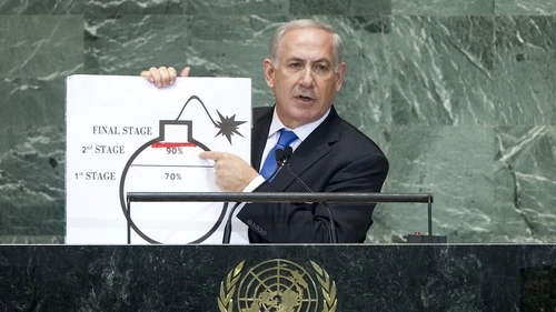Prime Minister Benjamin Netanyahu illustrates his take on the Iranian nuclear program, speaking to the U.N. General Assembly in New York, Sept. 27, 2012. Photo by J. Carrier/U.N. Photo.