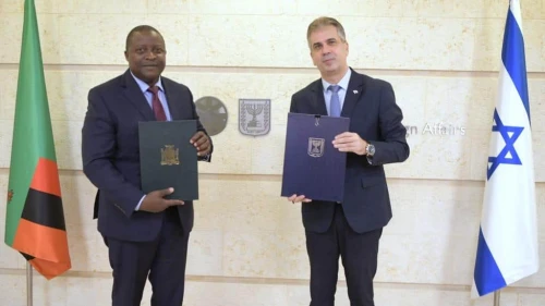 Israeli Foreign Minister Eli Cohen (right) meets with his Zambian counterpart Stanley Kakubo in Jerusalem, July 31, 2023. Photo by Avi Hayun/Israeli Foreign Ministry.