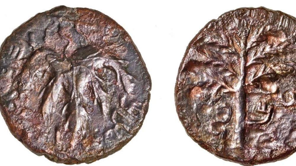 A bronze coin found in a limestone cave near Modi’in that dates to the final years of the 132 C.E. Bar Kochba revolt against the Roman occupation of Israel. Source: COGAT