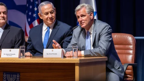 Then-U.S. House of Representatives Minority Leader Kevin McCarthy (R-Calif.) sits alongside Prime Minister Benjamin Netanyahu during a visit to Israel, August 2019. Credit: Kevin McCarthy via Twitter.