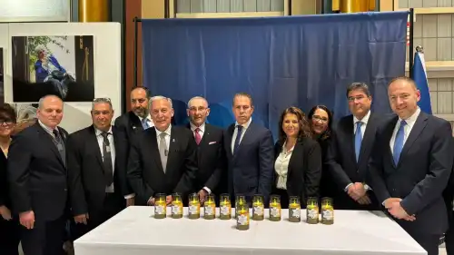 (From left) Betty Ehrenberg, World Jewish Congress; William Daroff, CEO, Conference of Presidents; Gadi Meiri, KKL Board of Directors; David Yaari, vice chairman of KKL-JNF; Eric Fingerhut, CEO of JFNA; Nat Shaffir, Holocaust Survivor; Ambassador Gilad Erdan, Israel's permanent representative to the U.N.; Ifat Ovadia-Lusky, chairwoman KKL-JNF; Deborah Isaac, president of the American Zionist Movement; Eric Goldstein, CEO of UJA Federation; and Ronnie Vinikov, head of external affairs at KKL-JNF. Photo by Sarri Singer.ish Congress; William Daroff, CEO, Conference of Presidents; Gadi Meiri, KKL Board of Directors; David Yaari, Vice Chairman of KKL-JNF; Eric Fingerhut, CEO of JFNA; Nat Shafir, Holocaust Survivor; Ambassador Gilad Erdan, Israel's Permanent Representative to U.N.; Ifat Ovadia-Lusky, Chairwoman KKL-JNF; Deborah Isaac, President of American Zionist Movement; Eric Goldstein, CEO of UJA Federation; Ronnie Vinikov, Head of External Affairs at KKL-JNF. Photo by Sarri Singer.