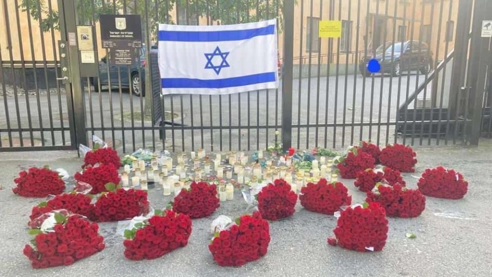 Roses at the memorial outside the embassy in Stockholm on Oct. 10, 2023. Credit: Embassy of Israel in Sweden Facebook page.