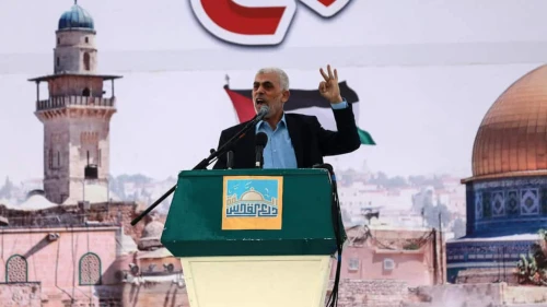 Yahya Sinwar, Hamas's Gaza strongman, speaks at a rally, April 14, 2023. Photo by Majdi Fathi/TPS.
