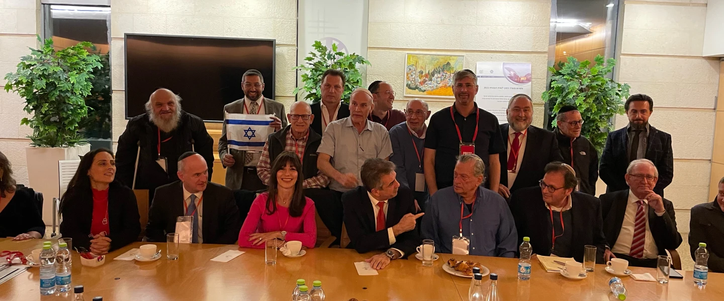 Israeli Foreign Minister Eli Cohen (seated, center) meets with a delegation of Likud Anglos at the Foreign Ministry in Jerusalem, Feb. 23, 2023. Credit: Judith Segaloff.