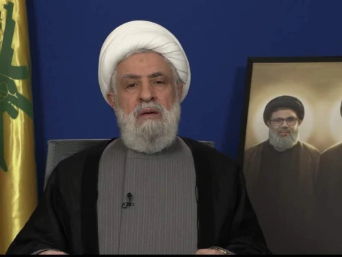 Hezbollah Secretary-General Naim Qassem in a televised address, Nov. 20, 2024. Source: Screenshot.