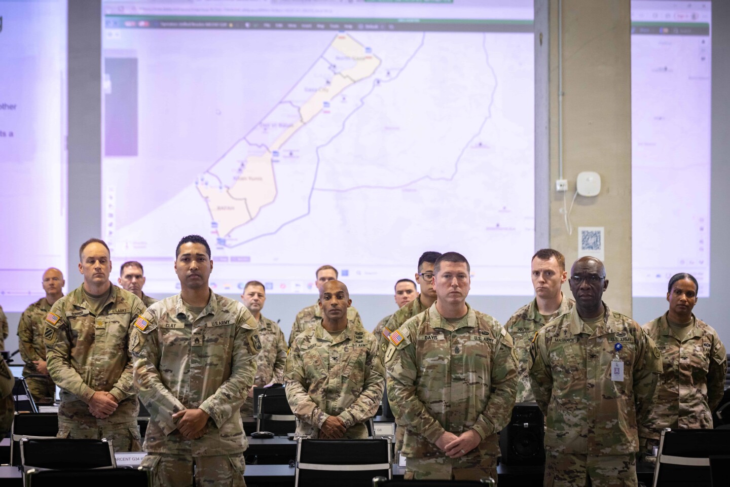 US troops at the Civil-Military Coordination Center in Kiryat Gat during Secretary of State Marco Rubio's visit on Oct. 24, 2025. Photo by Olivier Fitoussi/POOL.