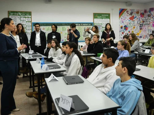 Then-Israeli Justice Minister Ayelet Shaked speaks to middle school pupils in Rosh Ha'ayin on Feb. 8, 2016. Credit: Flash90.