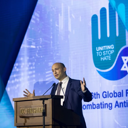 Israel’s Minister of Diaspora Affairs Naftali Bennett speaks during the “Sixth Global Forum for Combating Antisemitism” conference at the Jerusalem Convention Center on March 19, 2018. Photo by Yonatan Sindel/Flash90.