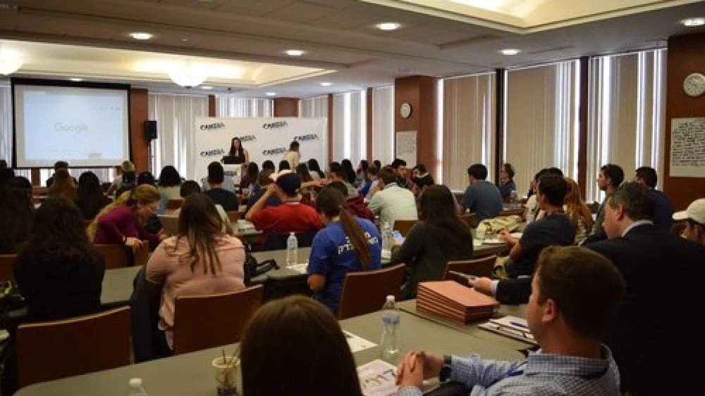 Students participating in CAMERA's seventh annual Student Leadership Training, learning how to make Israel's case to various audiences, including anti-Israel professors and campus activists. Credit: CAMERA.