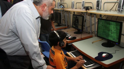 Ismail Haniyeh, who heads the Hamas government in Gaza, visits a computer center for children in Gaza City on Oct. 13, 2008. Photo by Abed Rahim Khatib/Flash 90.