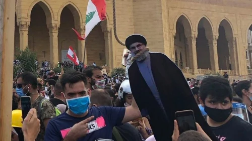 An effigy of Hezbollah leader Hassan Nasrallah in Beirut, Aug. 8, 2020. Source: Twitter.