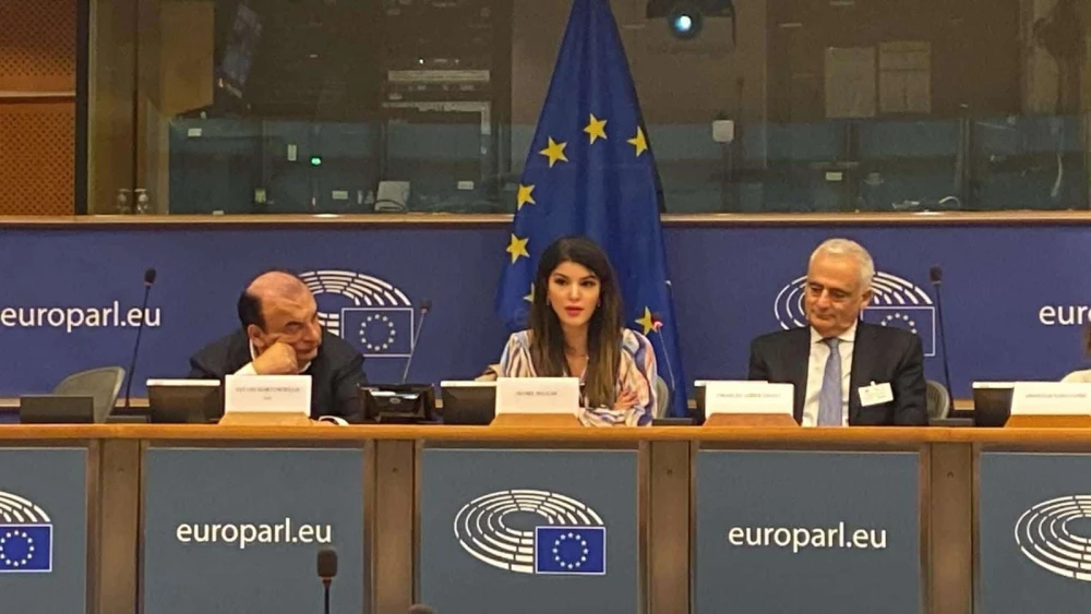 (L-R) MEP Fulvio Martusciello, Manel Mslalmi and Dr. Charles Asher Small speak at the E.U. Parliament in Brussels, Oct. 15, 2024. Credit: Courtesy.