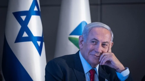 Israeli Prime Minister Benjamin Netanyahu at a press conference on the planned construction of a new railway line from the northern city of Kiryat Shmona to the city of Eilat, in Jerusalem, July 30, 2023. Photo by Chaim Goldberg/Flash90