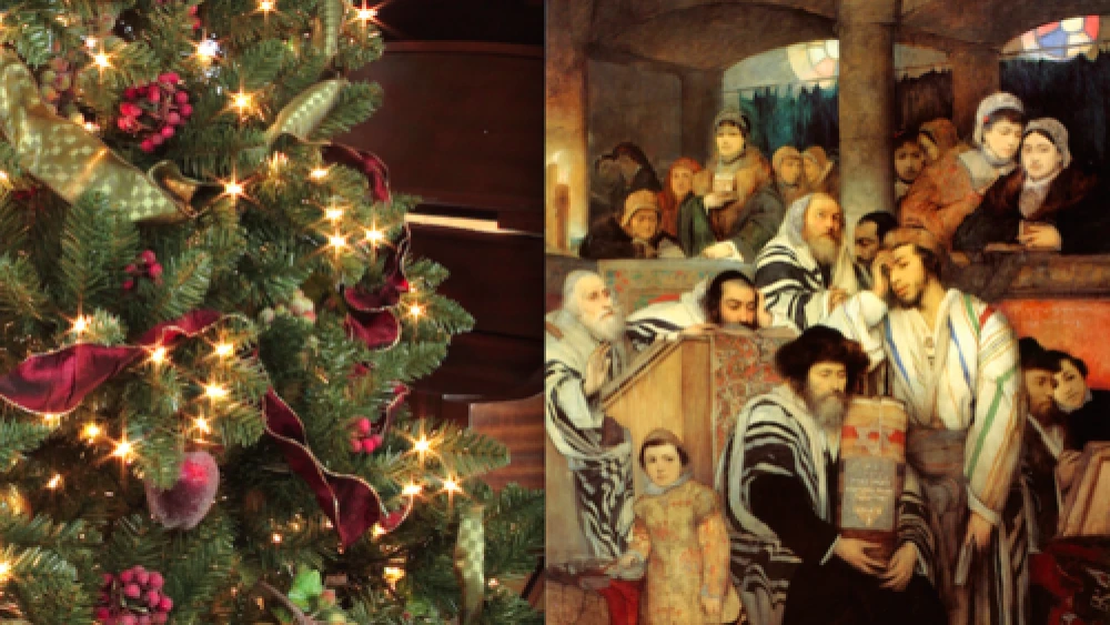 A Christmas tree with ornaments (left) and an illustration of Jews praying in synagogue on Yom Kippur. Credit: Mfisherkirshner and Maurycy Gottlieb via Wikimedia Commons.