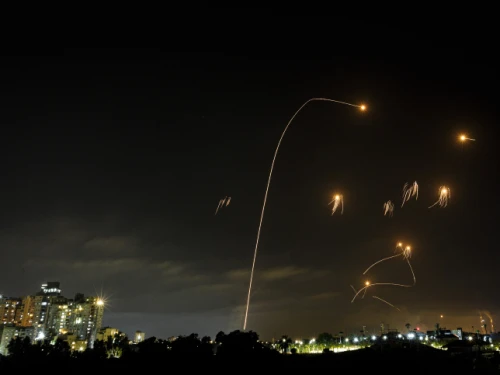 A long-exposure shot shows the Iron Dome air-defense system intercepting missiles launched from Hamas in the Gaza Strip towards Israel, as seen from the southern Israeli city of Ashkelon, on May 10, 2021. Photo by Edi Israel/Flash90.