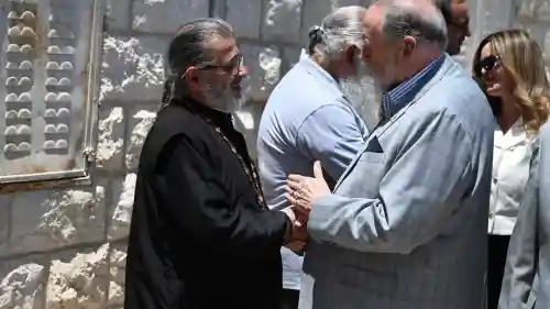 U.S. Ambassador to Israel Mike Huckabee pays a solidarity visit to the Christian-majority village of Taybeh, near Ramallah in Samaria, July 19, 2025. Credit: U.S. Embassy in Israel.