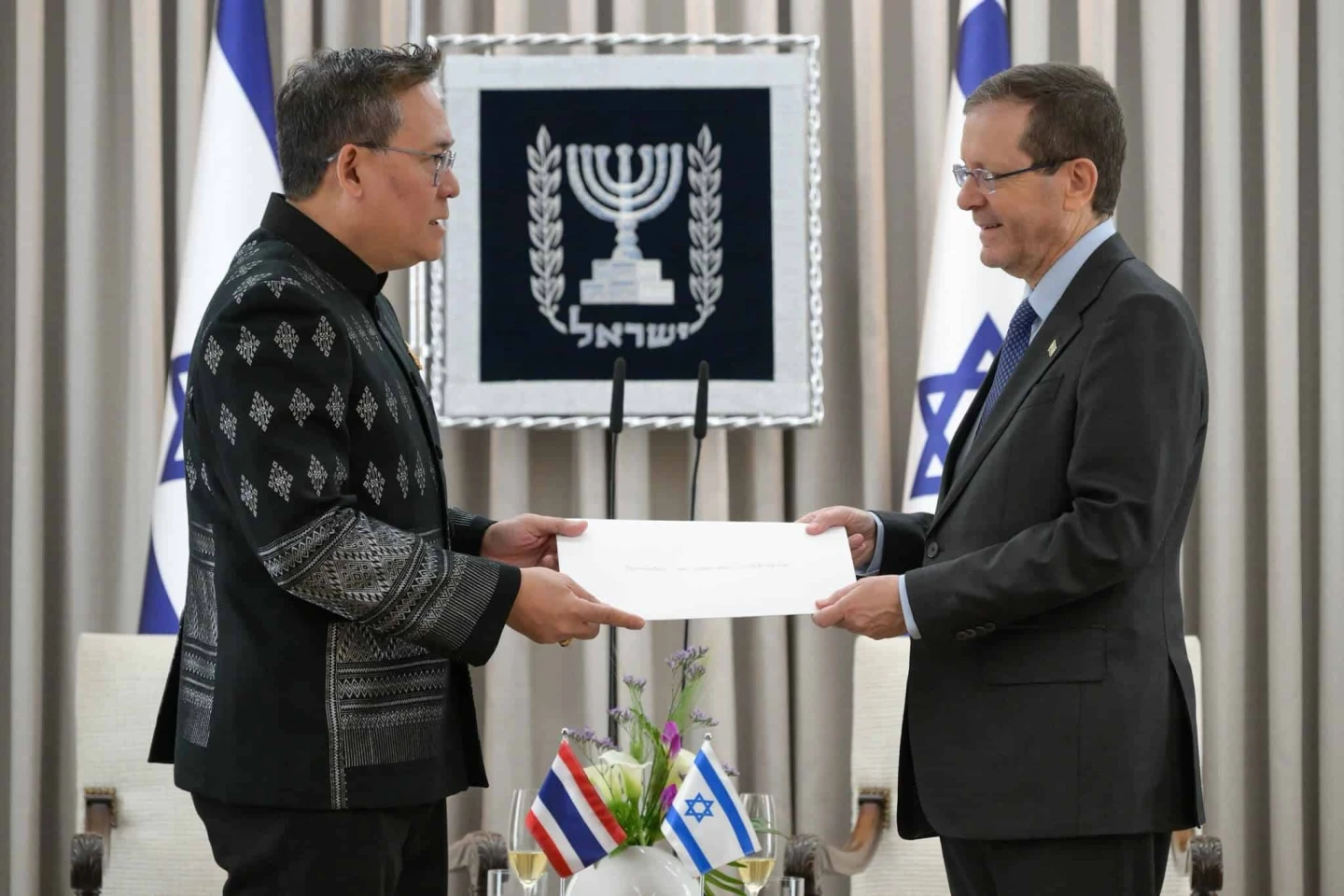 U.S. President Isaac Herzog received the diplomatic credentials of Boonyarit Vichienpuntu, the new ambassador of Thailand, on Feb. 3, 2026. Credit: Maayan Toaf/GPO.
