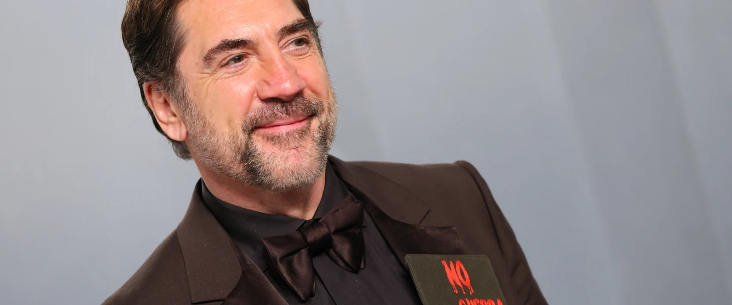 Spanish actor Javier Bardem wears a pin depicting the Palestinian symbol of political intransigence, Handala, to the Vanity Fair Oscar Party at the Los Angeles County Museum of Art (LACMA) in Los Angeles on March 15, 2026. Photo by Jean Baptiste Lacroix / AFP via Getty Images.