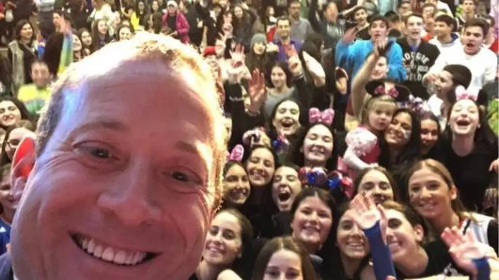 Rep. Josh Gottheimer ( D-N.J) takes a selfie with students at the Frisch School's Purim celebration. Credit: Office of U.S. Rep. Josh Gottheimer.