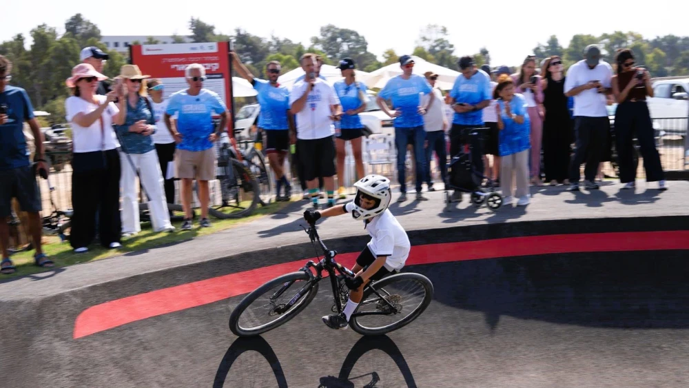 A new bike park inaugurated at Kibbutz Be’eri, which was funded by a donation from philanthropist Sylvan Adams, in partnership with the nonprofit Israel Cycling Academy and Kibbutz Be’eri, Oct. 14, 2026. Photo by Ronen Topelberg.