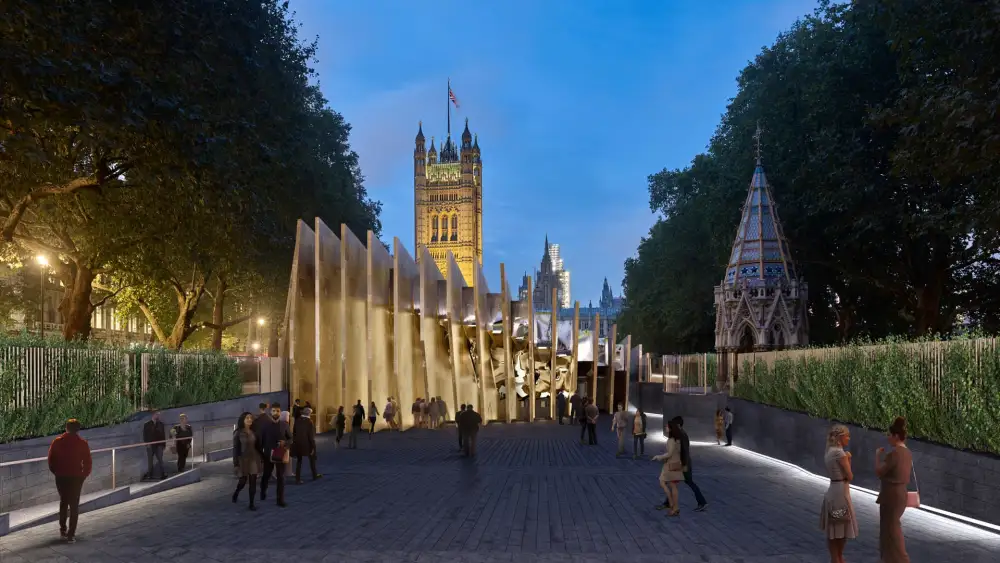 An artist’s rendering on the proposed Holocaust museum in London’s Victoria Tower Gardens. Credit: Adjaye Associates & Ron Arad Architects.
