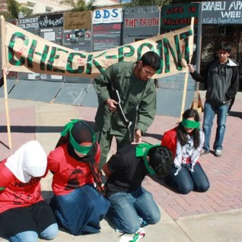 A mock checkpoint set up during “Israeli Apartheid Week,” an annual global anti-Israel initiative, at the University of California, Los Angeles. Credit: AMCHA Initiative.