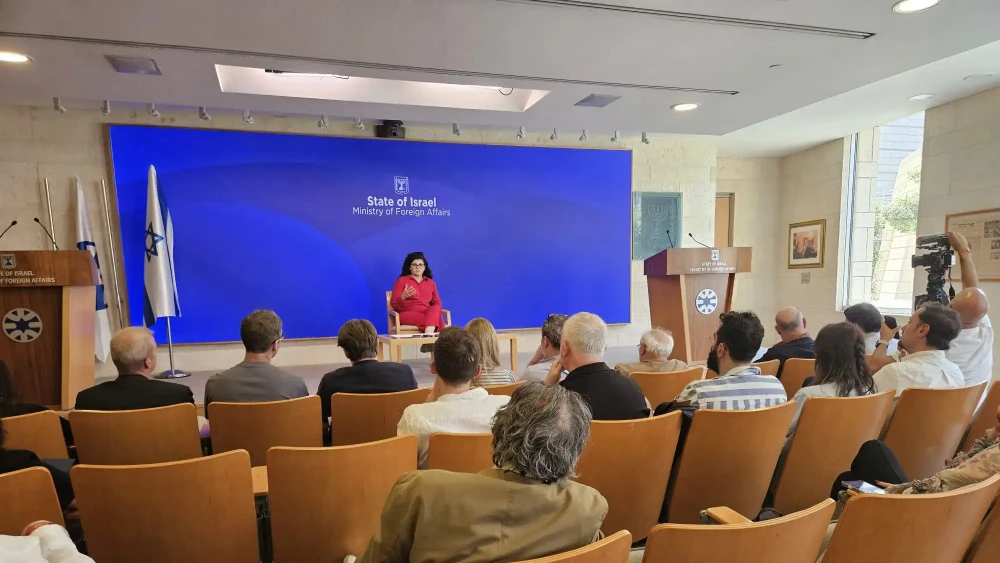 Israeli Deputy Foreign Minister Sharren Haskel speaks in Jerusalem to a group of European and American journalists on a press trip to Israel, June 9, 2026. Credit: EIPA/AMEPA.