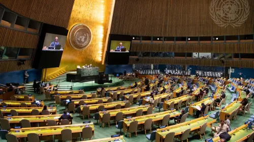 A wide view of the General Assembly meeting that heard a report of the Human Rights Council. Credit: U.N. Photo/Eskinder Debebe.