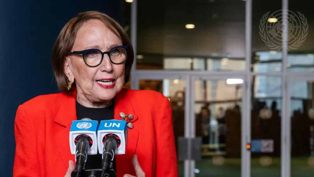 Rebeca Grynspan, candidate for the next Secretary-General, briefs reporters after an informal dialogue with candidates for the position at the U.N. headquarters in New York City, April 22, 2026. Credit: Manuel Elías/UN Photo.