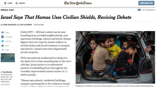 Click photo to download. Caption: The webpage of a July 23 New York Times article that columnist Debra Feuer calls an "erroneous and shameful defense of Hamas," regarding the Palestinian terror group's use of human shields. Credit: Screenshot of New York Times website.