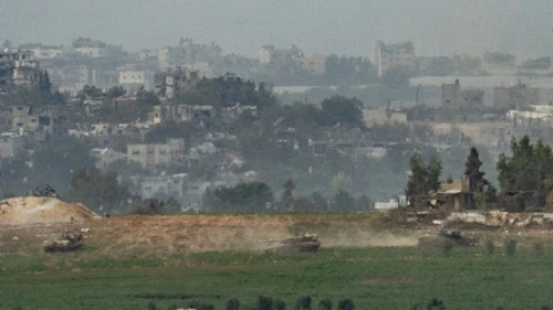 Israeli tanks in the Gaza Strip, as seen from the Israeli side of the border, on Oct. 29, 2023. Photo by Erik Marmor/Flash90.