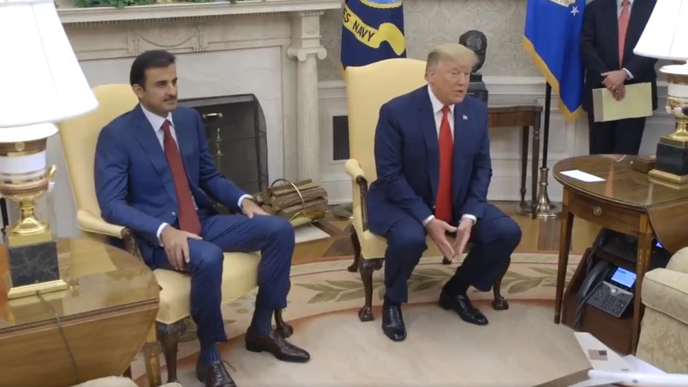 U.S. President Donald Trump and Qatar's leader Emir Tamim bin Hamad Al-Thani at the White House on July 9, 2019. Credit: Screenshot.