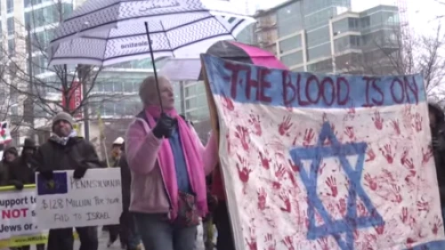 CODEPINK protests outside the 2015 AIPAC conference in Washington, D.C. Source: YouTube.