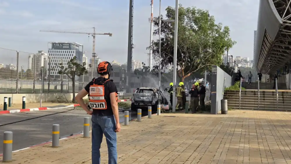 Damage is seen at one of the impact sites in central Israel, where first responders reported that no one was hurt, March 18, 2026. Credit: United Hatzalah spokesperson’s office.