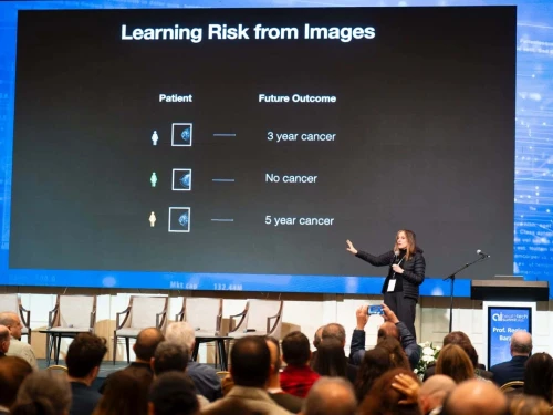 MIT Professor Regina Barzilay addresses the HealthTech Ai Summit 2025 in Tel Aviv on Monday. Credit: Rami Zarenger, December 29, 2025.