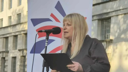 Marie van der Zyl speaks at a rally in London on Oct. 9, 2024. Credit: Courtesy of the Board of Deputies of British Jews.