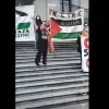 Samidoun international coordinator Charlotte Kates praising terrorist groups on the steps of the Vancouver Art Gallery on April 26, 2024. Credit: Freepalestinetricitiesbc/Instagram.