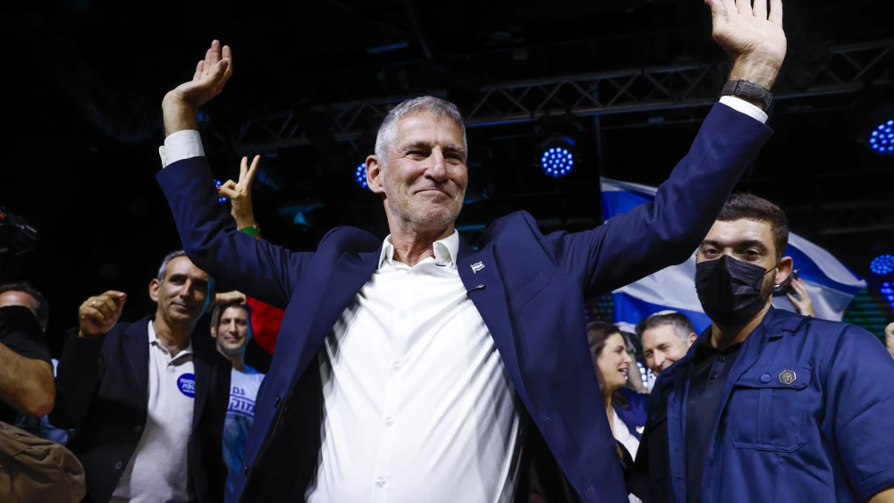 The Democrats faction chairman Yair Golan and members of his party celebrate at the party’s election headquarters in Tel Aviv, following the release of exit poll results on Israel’s general election night, on Oct. 27, 2026. Photo by Yehoshua Yosef/Flash90.