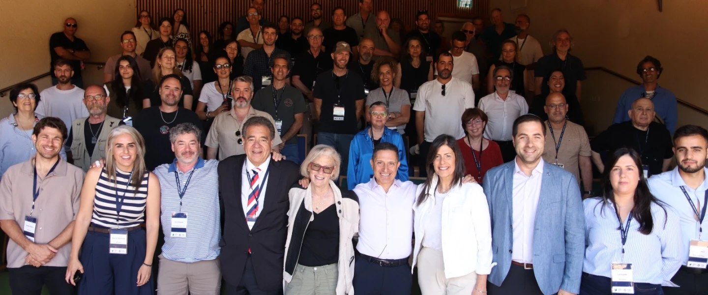 A Jewish National Fund-USA delegation led by its CEO Russell Robinson and a group of architects join Beersheva Mayor Ruvik Danilovich for a group photograph at the Abraham’s Well International Visitors’ Center, June 9, 2026. Photo by Mika Salomon.