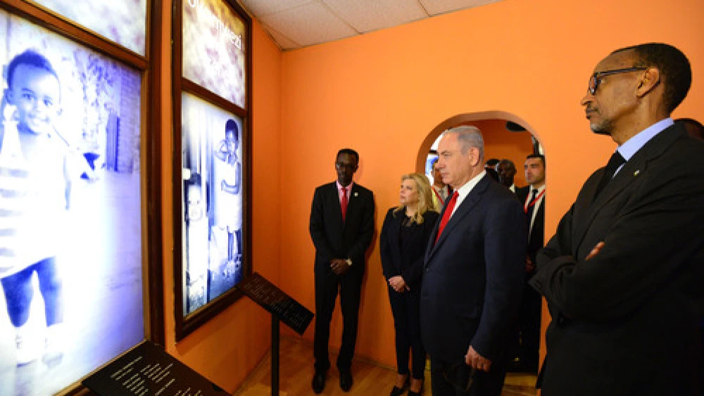 Click photo to download. Caption: On July 6, Israeli Prime Minister Benjamin Netanyahu and his wife Sara (both in center) visit the remembrance site for the victims of the 1994 Rwanda genocide in Kigali, Rwanda. The prime minister was on a four-day official state visit to Africa. Credit: Kobi Gideon/GPO.