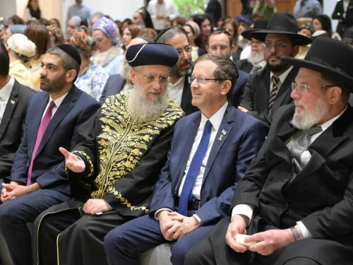Israeli President Isaac Herzog seated between Sephardic Chief Rabbi David Yosef and Ashkenazi Chief Rabbi Kalman Ber at the President's Residence in Jerusalem, June 10, 2025. Credit: Amos Ben-Gershom (GPO).