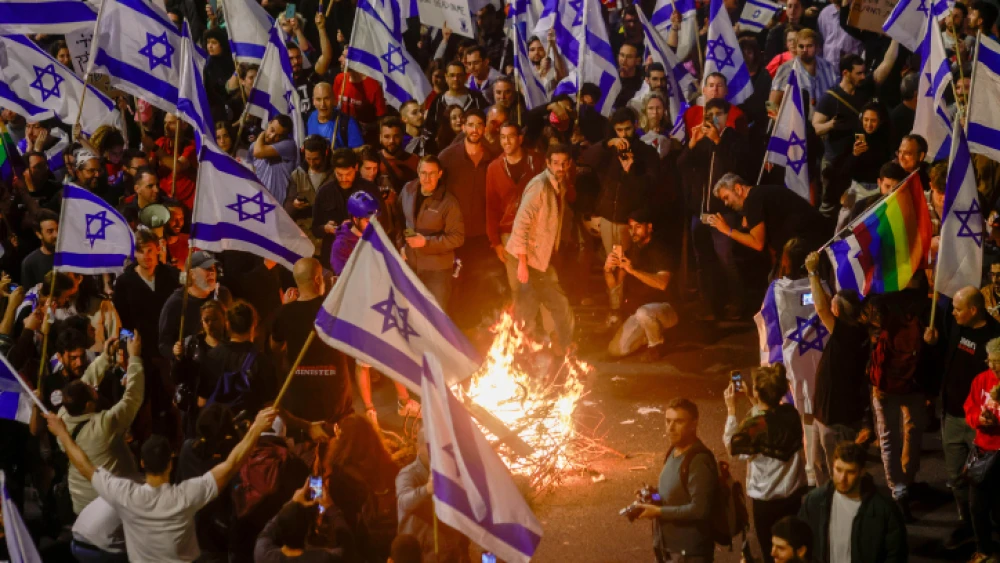 Israelis protest against the Israeli government's planned judicial overhaul in Tel Aviv on March 25, 2023. Photo by Erik Marmor/Flash90.
