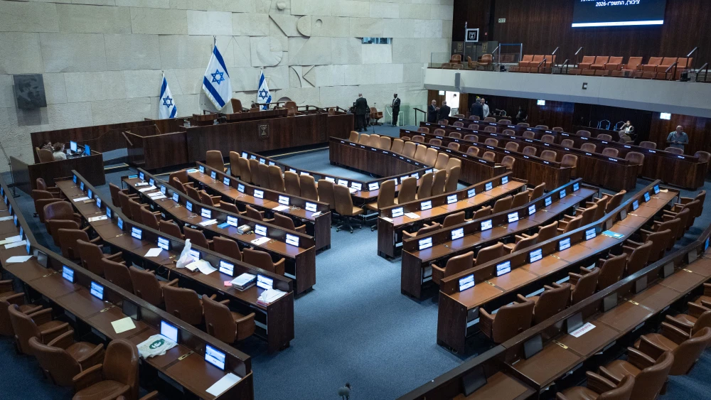 A view of the assembly hall of the Knesset, the Israeli parliament in Jerusalem, May 4, 2026. Photo by Yonatan Sindel/Flash90.