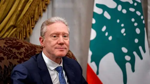 Lebanon's Foreign Minister Youssef Rajji looks on during his meeting with Egypt's Foreign Minister at the Foreign Ministry headquarters in Tahrir Palace in central Cairo on April 22, 2025. (Photo by Khaled DESOUKI / AFP) (Photo by KHALED DESOUKI/AFP via Getty Images)