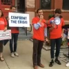 Nadav David, who was recently honored by Combined Jewish Philanthropies, at a rally tied to IfNotNow, outside of Hillel at Northeastern University in April 2019. Source: Screenshot.