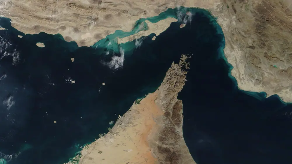 The Strait of Hormuz, which lies between the Persian Gulf and the Gulf of Oman, separating Iran (north) from the Arabian Peninsula (south), Dec. 2, 2020. Credit: MODIS Land Rapid Response Team/NASA.