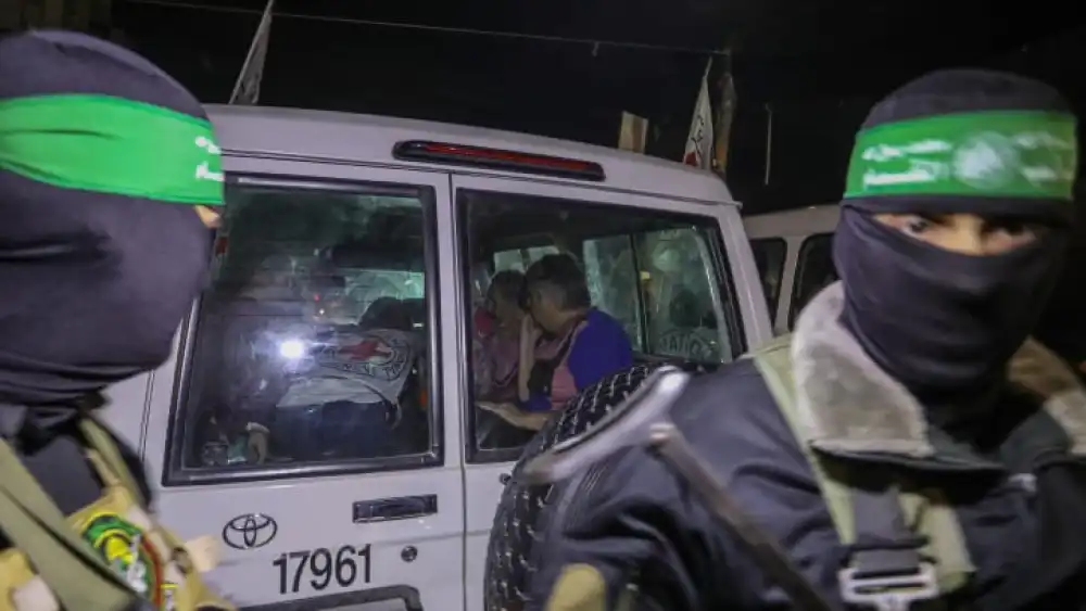 Members of Hamas and the Islamic Jihad release Israeli hostages to the Red Cross in Rafah in the southern Gaza Strip, Nov. 28, 2023. Photo by Flash90.